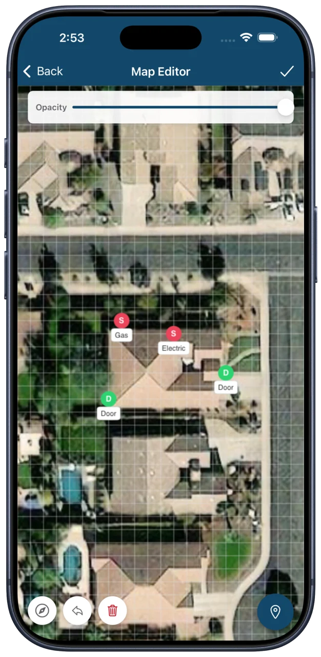 A satellite map with pins for each shutoff