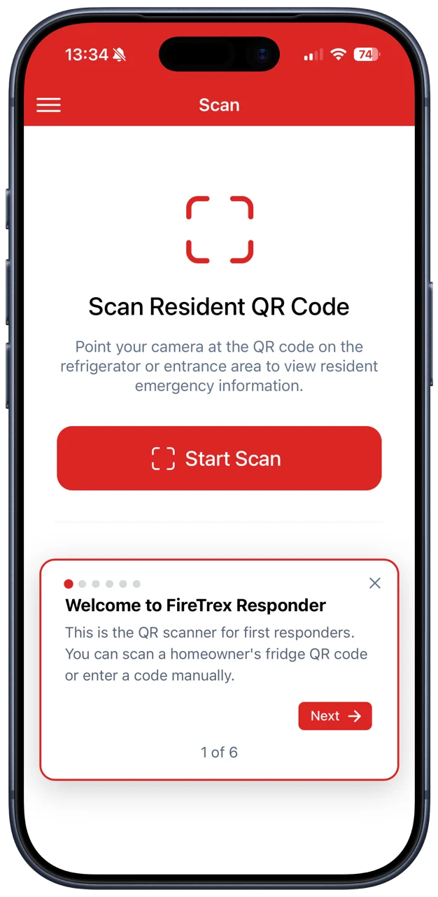 FireTrex Responder ready to scan a resident QR code
